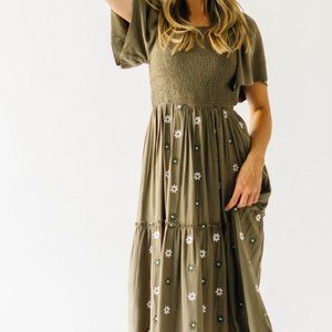 The Parley Embroidered Maxi Dress in Olive by Leia & co.
